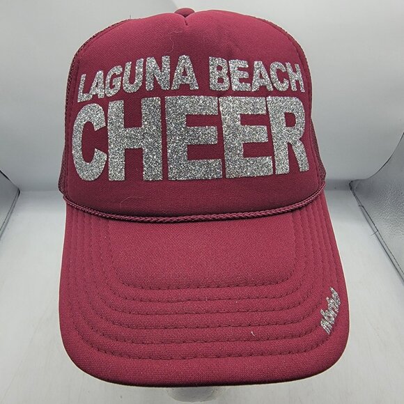 Laguna Beach Cheer Burgundy Trucker Hat Cap Glitter Letters Adjustable Casual - Picture 1 of 9